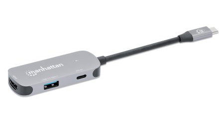 Manhattan USB-C Dock/Hub, Ports (x3): HDMI, USB-A and USB-C, With Power Delivery (100W) to USB-C Port (Note add USB-C wall charger and USB-C cable needed), Universal for all devices, All Ports can be used at the same time, Aluminium, Space Grey, 3 Year Wa