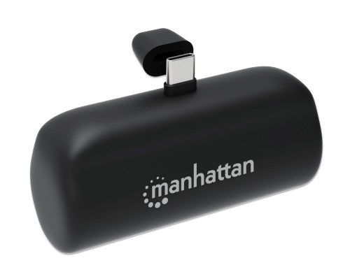 Manhattan Power Bank with integrated USB-C plug, 5000 mAh, Up to 10W output, Kickstand for Use as Charging Phone Holder, Black, One Year Warranty