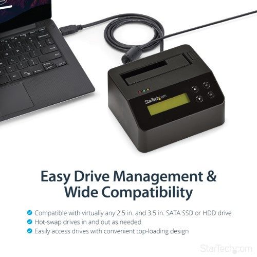 StarTech.com Single Bay Hard Drive Eraser, Standalone HDD/SSD Sanitizer, USB 3.0 to SATA II (3 Gbps), 9 Erase Modes, LCD Display, Secure Erase Hard Disk Sanitizer Dock, DB-9 Printer Port, TAA Compliant
