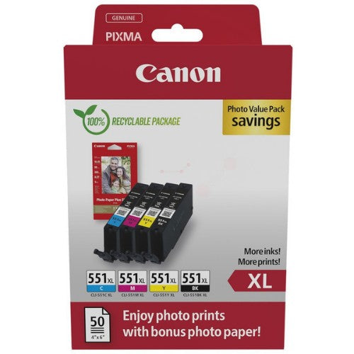 Canon 6443B008/CLI-551XL Ink cartridge multi pack high-capacity CLI Bk,C,M,Y + Photopaper PP-201 50 sheet 5530pg + 3x695pg Pack=4 for Canon Pixma IP 8700/IX 6850/MG 5450/MG 6350/MX 725