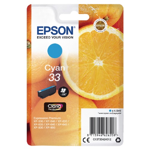 Epson C13T33424012/33 Ink cartridge cyan, 300 pages ISO/IEC 19752 4,5ml for Epson XP 530