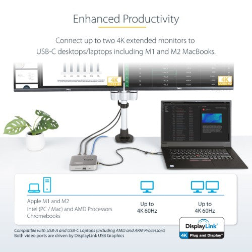 StarTech.com USB C Docking Station, Dual 4K 60Hz HDMI compatible with Macbook Pro (M1/M2/M3/M4) and Windows, USB-A/USB-C 10Gbps Hub, 100W Power Delivery, GbE, SD, 22in/56cm Cable