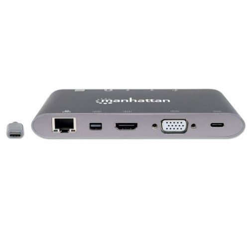 Manhattan USB-C Dock/Hub with Card Reader, Ports (x8): HDMI, Audio 3.5mm, Ethernet, Mini DisplayPort, USB-A (x3) and USB-C, With Power Delivery (60W) to USB-C Port (Note add USB-C wall charger and USB-C cable needed), All Ports can be used at the same tim