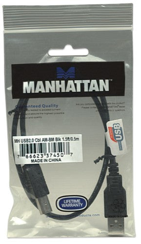 Manhattan USB-A to USB-B Cable, 0.5m, Male to Male, 480 Mbps (USB 2.0), Hi-Speed USB, Black, Lifetime Warranty, Equivalent to USB2HAB50CM