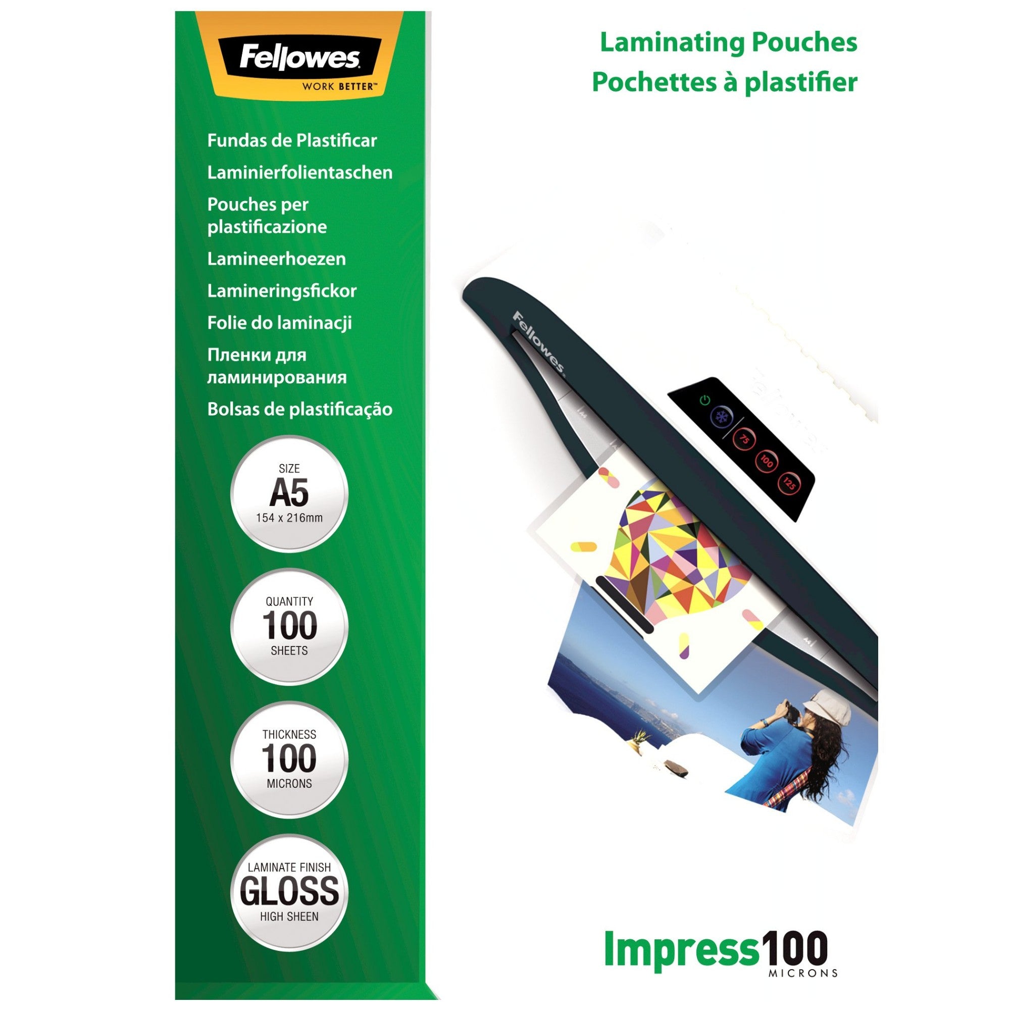 Fellowes A5 Glossy 100 Micron Laminating Pouch - 100 pack