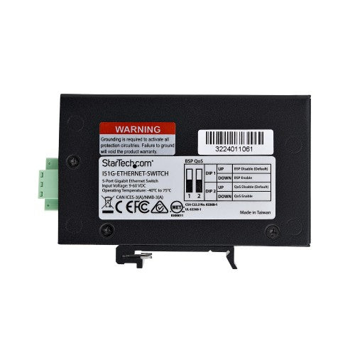 StarTech.com 5-Port Unmanaged Industrial Network Switch, 100/1000 Ethernet, DIN Rail/Wall-Mountable, Rugged IP30 Gigabit Switch, -40F-167F, 9~60V DC, TAA Compliant