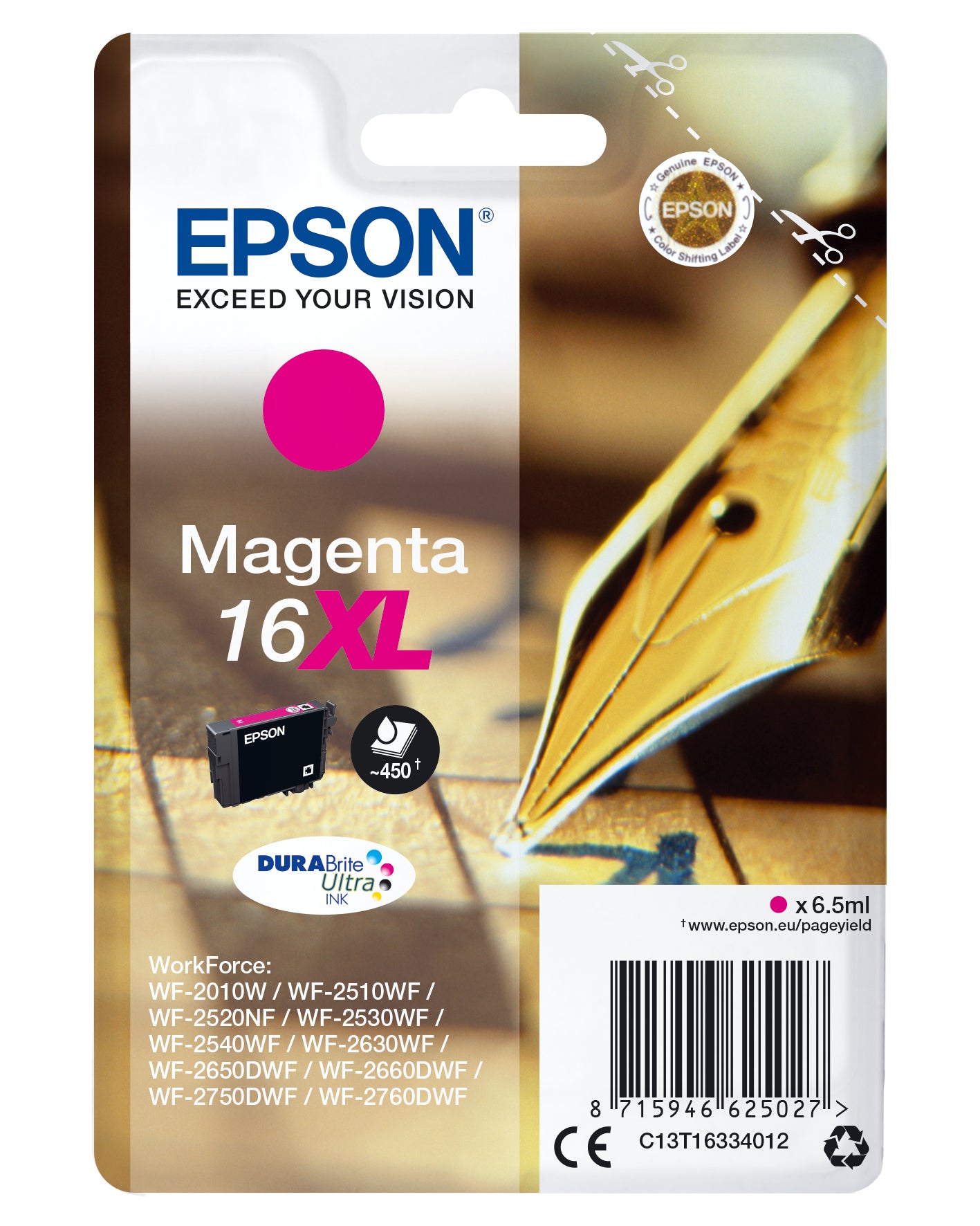 Epson C13T16334012/16XL Ink cartridge magenta high-capacity XL, 450 pages 6,5ml for Epson WF 2010/2660/2750