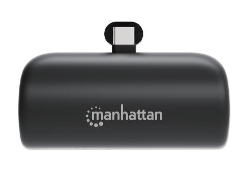 Manhattan Power Bank with integrated USB-C plug, 5000 mAh, Up to 10W output, Kickstand for Use as Charging Phone Holder, Black, One Year Warranty