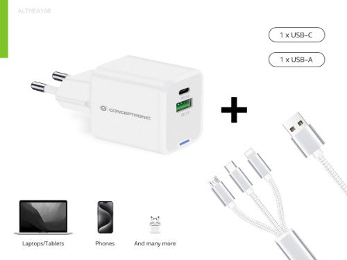 Conceptronic 2-Port 33W GaN USB PD Charger with 3-in-1 Charging Cable, USB-C x 1, USB-A x 1, QC 3.0, PPS