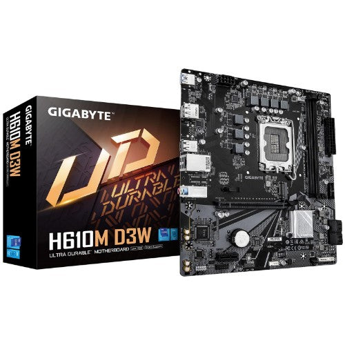 GIGABYTE H610M D3W Motherboard - Supports 14th Gen. Intel Core CPUs, 5+1+1 phases VRM, up to 5600MHz DDR5, 1xPCIe 3.0 M.2, 1GbE LAN, USB 3.2 Gen 1