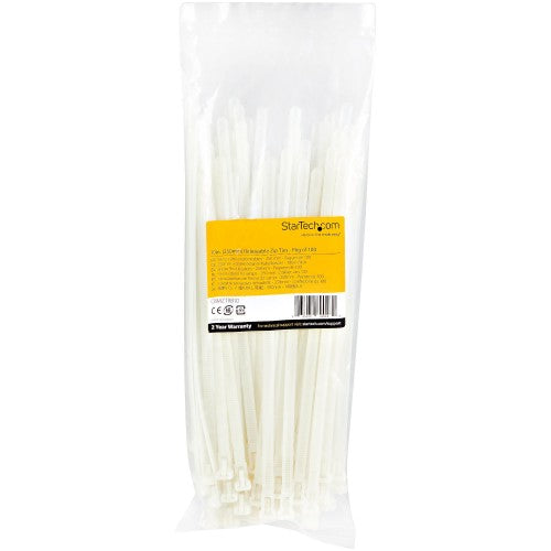 StarTech.com 10"(25cm) Reusable Cable Ties - 1/4"(7mm) wide, 2-1/2"(65mm) Bundle Dia. 50lb(22kg) Tensile Strength, Releasable Nylon Ties, Indoor/Outdoor, 94V-2/UL Listed, 100 Pack - White