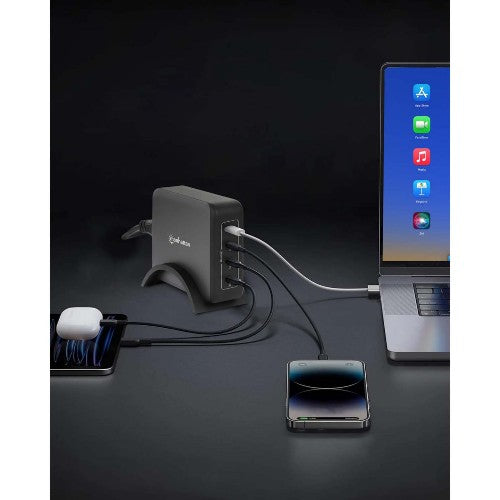 Manhattan Mains USB-C Laptop Charging Station 4-port, Universal charging for ALL laptops (incl power hungry gaming machines & equivalent) with ports to simultaneously charge phones/watches/earpods/etc, GaN, Each PD port up to 140W (Max 240W), UK Power cor