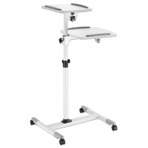Manhattan Mobile Cart for Projectors and Laptops, Two Trays for Devices up to 10kg, Trays Tilt and Swivel, Height Adjustable, Grey/White, Lifetime Warranty
