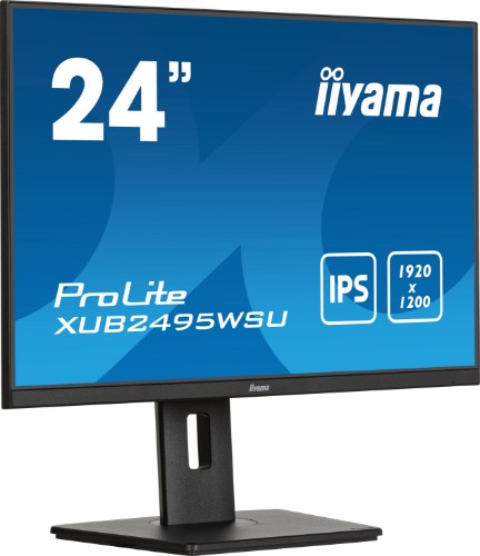 iiyama ProLite 24” 3-side borderless monitor featuring IPS (In-Plane-Switching) panel with a 16:10 aspect ratio and height-adjustable stand