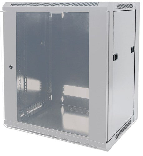 Intellinet 19" Network Cabinet - Wall Mount (Standard), 12U, 600mm Deep, Grey, Flatpack, Max 60kg, Metal & Glass Door, Back Panel, Removeable Sides, Suitable also for use on desk or floor, Usable Depth 410mm, Parts for wall install (eg screws/rawl plugs)