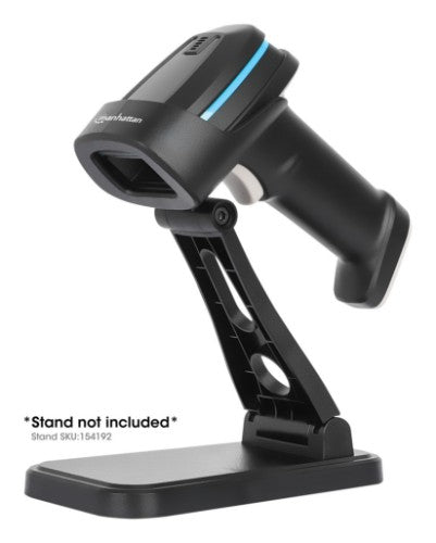Manhattan Wireless 2D Handheld Barcode Scanner, 250mm Scan Depth, up to 80m effective range (line of sight), Max Ambient Light 100,000 lux (sunlight), Black, Charging cable (USB-A to USB-C into device) 1m included, Three Year Warranty