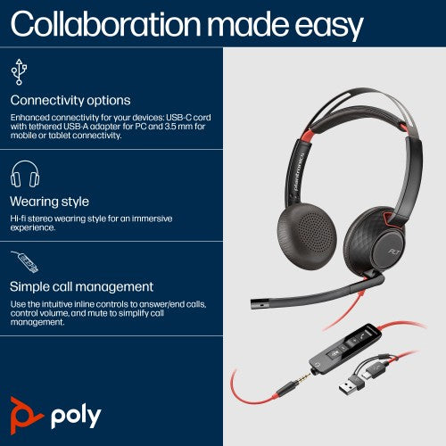 HP Poly Blackwire 5220 Stereo USB-C Headset +3.5mm Plug +USB-C/A Adapter (Bulk)