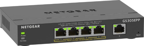 NETGEAR 5-Port Gigabit Ethernet High-Power PoE+ Plus Switch (GS305EPP) Managed L2/L3 Gigabit Ethernet (10/100/1000) Power over Ethernet (PoE) Black