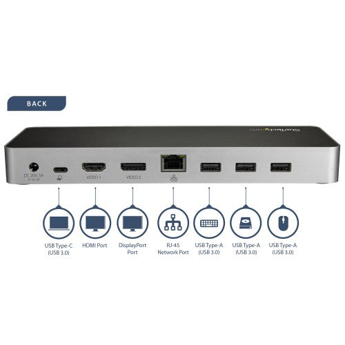 StarTech.com USB C Dock - Dual Monitor HDMI & DisplayPort 4K 30Hz - USB Type-C Laptop Docking Station 60W Power Delivery, SD, 4-port USB-A 3.0 Hub, GbE, Audio - Thunderbolt 3 Compatible