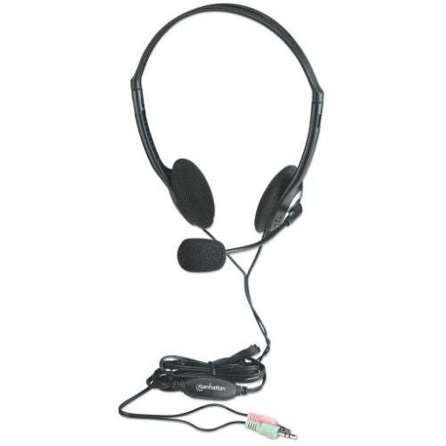 Manhattan Stereo On-Ear Headset (3.5mm), Microphone Boom, In-Line Volume Control, Foam Earpads, Standard 2x 3.5mm stereo jack/plug for audio/mic use, cable 2m, Black, Three Year Warranty