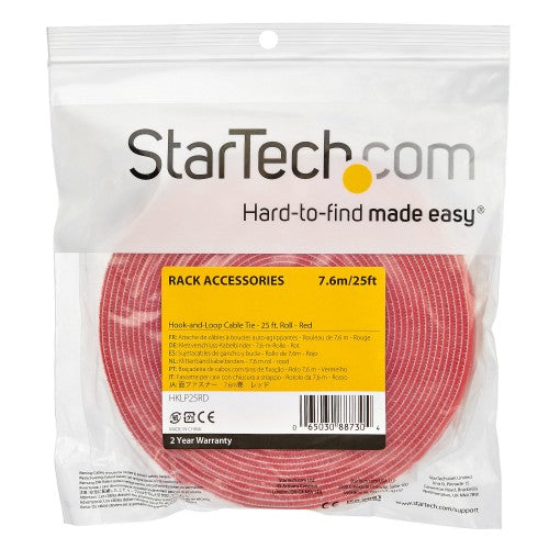 StarTech.com 25ft Hook and Loop Roll - Cut-to-Size Reusable Cable Ties - Bulk Industrial Wire Fastener Tape /Adjustable Fabric Wraps Red / Resuable Self Gripping Cable Management Straps