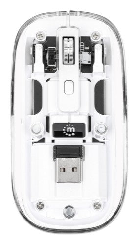 Manhattan Transparent Rechageable Wireless Mouse, Clear/White, Adjustable 800/1200/1600dpi, With RGB LED light, 2.4Ghz (effective range up to 10m), USB, Optical, Ambidextrous, Four Button with Scroll Wheel, Slim Design, USB-A micro receiver, Lithium Ion b
