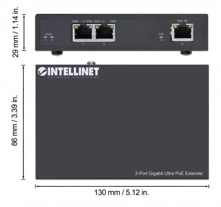 Intellinet 2-Port Gigabit Ultra PoE Extender, Adds up to 100 m (328 ft.) to PoE Range, PoE Power Budget 60 W, Two PSE Ports with 30 W Output Each, IEEE 802.3bt/at/af Compliant, Metal Housing