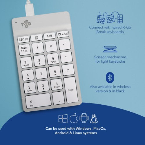 R-Go Tools Numeric keypad R-Go Numpad Break, ergonomic numeric keypad with break software, wired, white