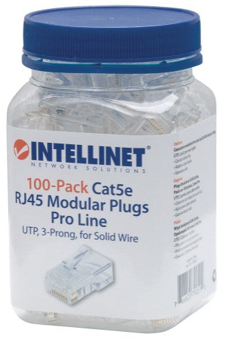 Intellinet RJ45 Modular Plugs Pro Line, Cat5e, UTP, 3-prong, for solid wire, 50 µ gold-plated contacts, 100 pack