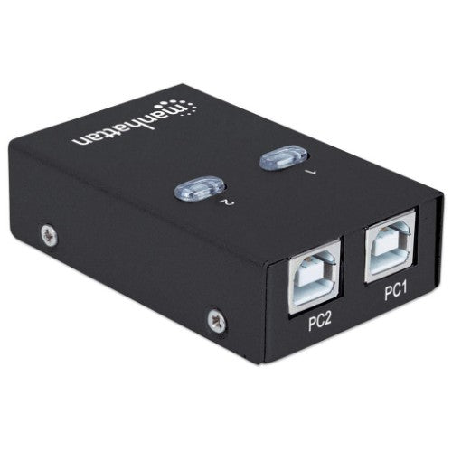 Manhattan USB-A Automatic Sharing Switch, 2x USB-B Ports, 480 Mbps (USB 2.0), Dual Control (Auto-Sensing or Manual), USB powered (no external power supply required), inc 1x 1.5m USB-A to USB-B cable