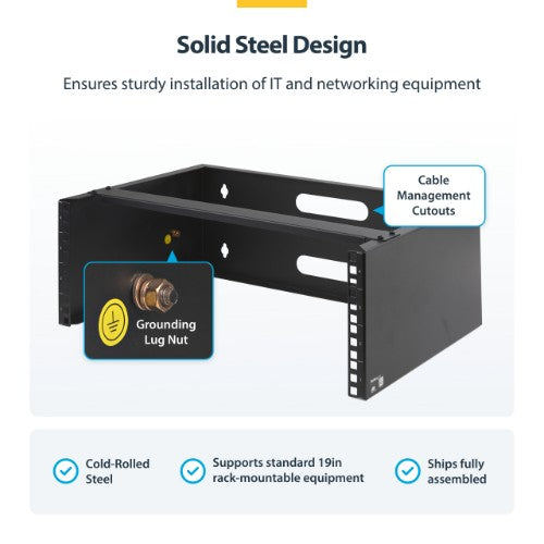 StarTech.com 4U Wall Mount Network Rack - 14 Inch Deep (Low Profile) - 19" Patch Panel Bracket for Shallow Server and IT Equipment, Network Switches - 44lbs/20kg Weight Capacity, Black