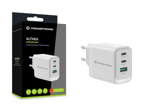 Conceptronic ALTHEA21W65 3-Port 65W GaN USB PD Charger, USB-C x 2, USB-A x 1, QC 3.0, PPS, PD 3.0