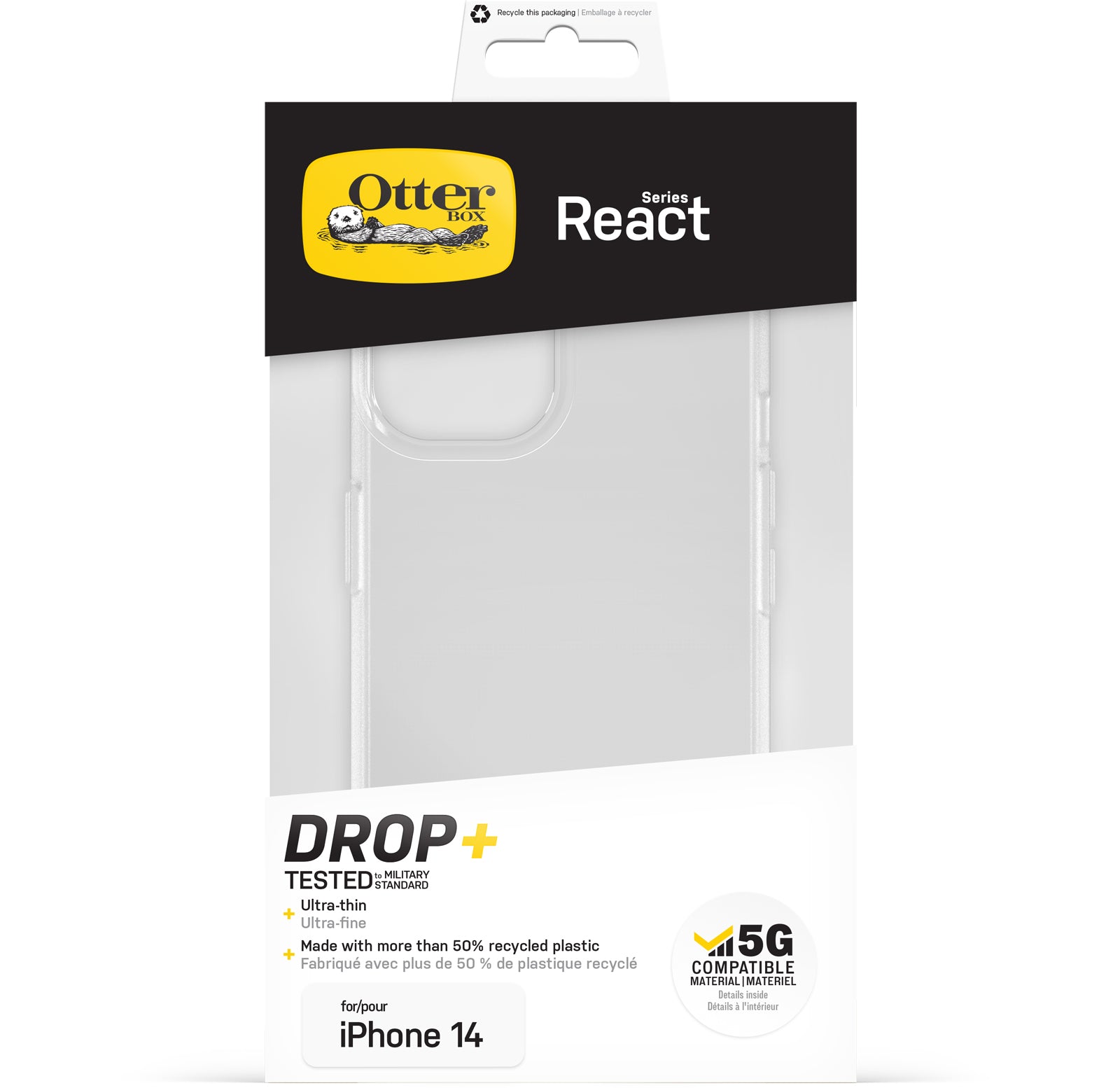 OtterBox React Case for iPhone 14, Shockproof, Drop proof, Ultra-Slim, Protective Thin Case, Tested to Military Standard, Antimicrobial Protection, Clear