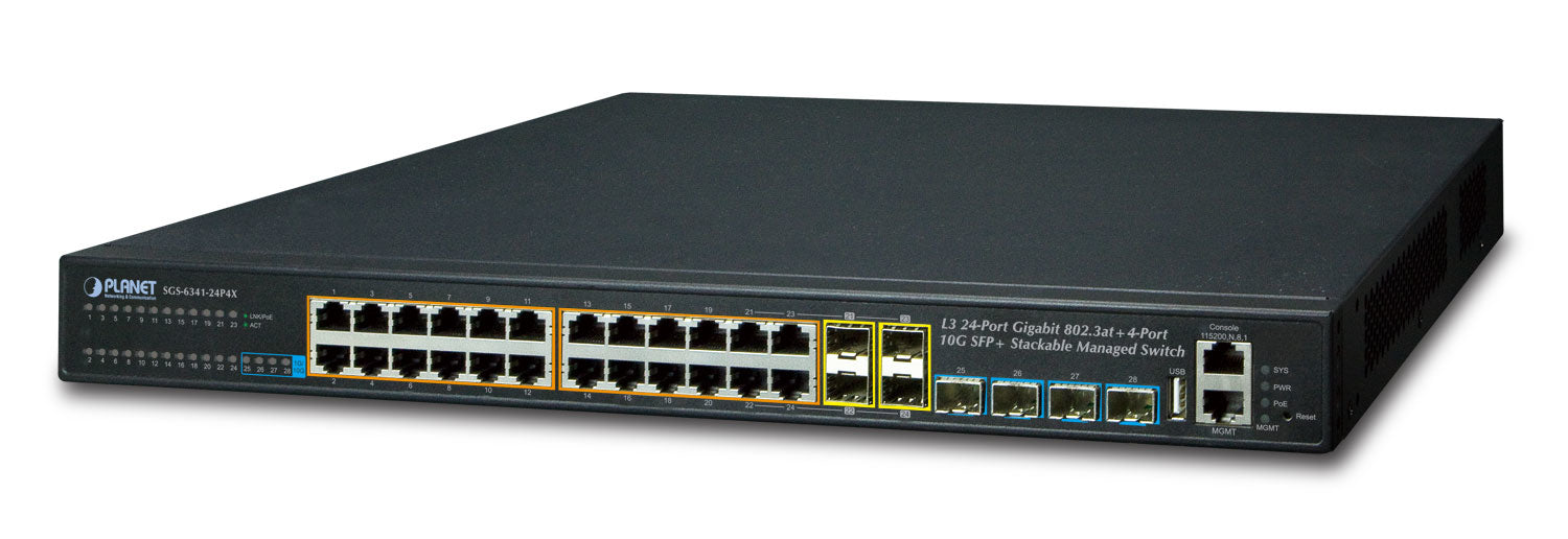 PLANET SGS-6341-24P4X network switch Managed L3 Gigabit Ethernet (10/100/1000) Power over Ethernet (PoE) 1U Black