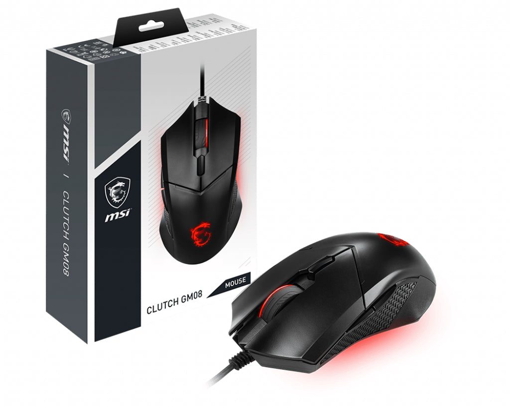 MSI CLUTCH GM08 Optical Gaming Mouse '4200 DPI Optical Sensor, 6 Programmable button, Symmetrical design, Durable switch with 10+ Million Clicks, Weight Adjustable, Red LED'