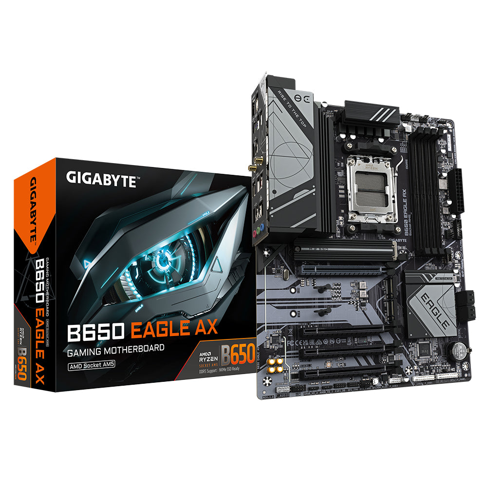 Gigabyte B650 EAGLE AX Motherboard - Supports AMD Ryzen 7000 CPUs, 12+2+2 Phases Digital VRM, up to 7600MHz DDR5 (OC), 1xPCIe 5.0 + 2xPCIe 4.0 M.2, Wi-Fi 6E 802.11ax, GbE LAN, USB 3.2 Gen2