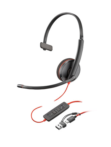 HP Poly Blackwire 3210 Monaural USB-C Headset +USB-C/A Adapter