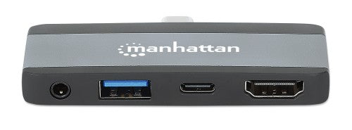 Manhattan USB-C Travel Dock/Hub, Ports (x4): HDMI, USB-A, USB-C and 3.5mm audio, With Power Delivery (100W) to USB-C Port, USB powered (no external power supply required)