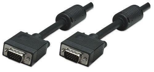 Manhattan VGA Monitor Cable (with Ferrite Cores), 1.8m, Black, Male to Male, HD15, Cable of higher SVGA Specification (fully compatible), Shielding with Ferrite Cores helps minimise EMI interference for improved video transmission, Lifetime Warranty