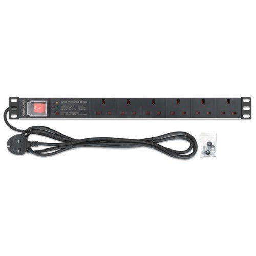 Intellinet 19" 1U PDU 6-way UK, With switch and Surge Protection, Rackmount, Power Distribution Unit, UK 3-pin outlets, 3m power cord, output