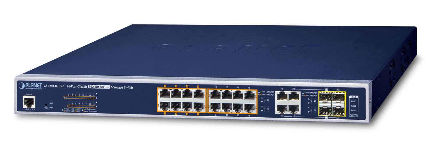 PLANET GS-4210-16UP4C network switch Managed L2/L4 Gigabit Ethernet (10/100/1000) Power over Ethernet (PoE) 1U Blue