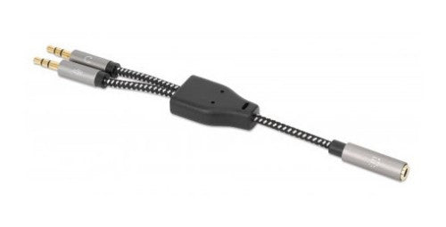 Manhattan Headset Adapter Cable with Stereo Audio Y-Splitter, 3.5mm, Aux, 15cm, Female/2x Male, Splits Single Headset Plug into Microphone and Audio Plugs, Slim Design, Black/Silver, Gold plated contacts and pure oxygen-free copper wire, Lifetime Warranty