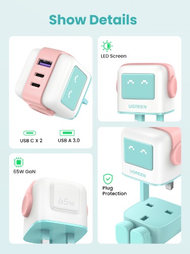 Ugreen USB-A+2C 65W UNO GAN CHARGER Mobile computer, Mobile phone, Laptop, Power bank, Tablet, Watch, Wearables AC, Lightning, USB Indoor