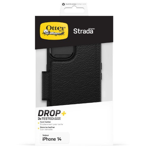 OtterBox Strada Case for iPhone 14, Shockproof, Drop proof, Premium Leather Protective Folio with Two Card Holders, 3x Tested to Military Standard, Black
