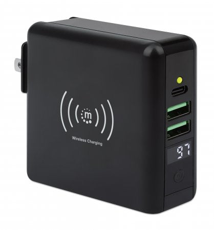 Manhattan 4-in-1 Travel Wall Charger and Powerbank 8,000 mAh, USA/UK/Euro 2-pin Plugs, Output: 1x USB-C, 2x USB-A ports and Wireless Charging Pad (5W), Black, One Year Warranty