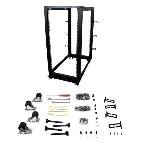 StarTech.com 4-Post 25U Mobile Open Frame Server Rack, Four Post 19in Network Rack with Wheels, Rolling Rack with Adjustable Depth for Computer/AV/Data/IT Equipment - Casters, Leveling Feet or Floor Mounting