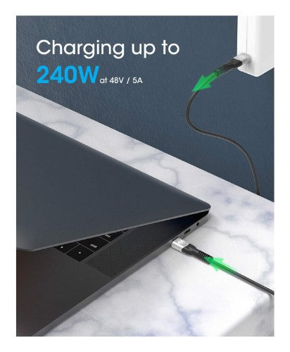Manhattan Fast USB-C to USB-C Cable (240W), 2m, 240W Laptop Charging + High-Speed Data & Video, Works with ALL Laptops (Note additional USB-C 240W wall charger needed), 40 Gbps Ultra-Fast Transfers, Extra-Long Reach for Desk or Floor Sockets, 3 year Warra
