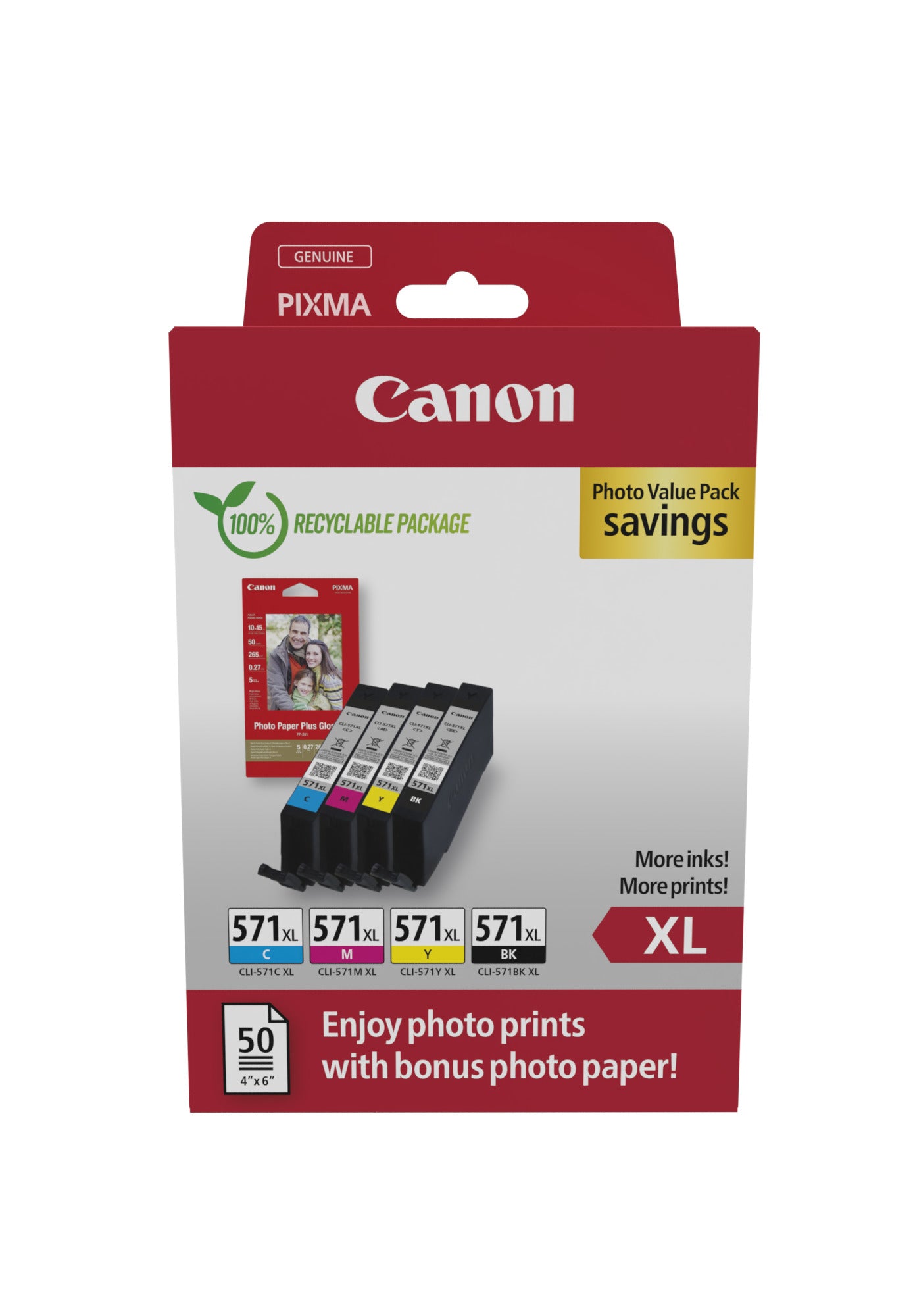 Canon 0332C006/CLI-571XL Ink cartridge multi pack Bk,C,M,Y high-capacity + Photopaper 50 sheet 11ml Pack=4 for Canon Pixma MG 5750/7750