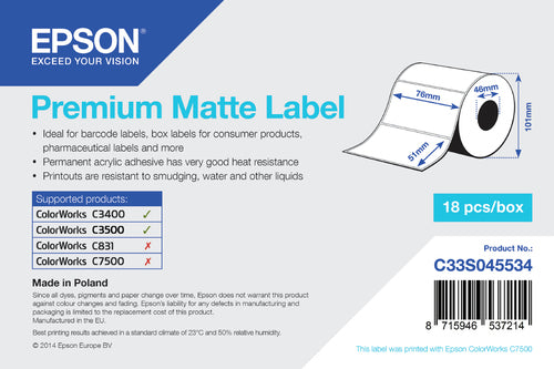Epson C33S045534 Continous label roll die-cut 76mm x 51mm 650 label Pack=1 for Epson TM-C 3400/3500