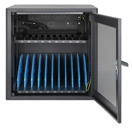 Manhattan Laptop Charging Cabinet Desktop via AC Adapter (UK) 10-bay, Install device's AC Adapter (power cables) into unit, Suitable for ALL laptops (to 15.6"), iPads, MacBooks, Chromebooks, other portable devices, Bays 380x30x280mm, Cart, Lockable